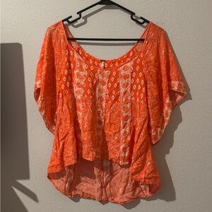 Free People Vibrant Orange Geometric Patterned Women's High-Low Short Sleeve Top